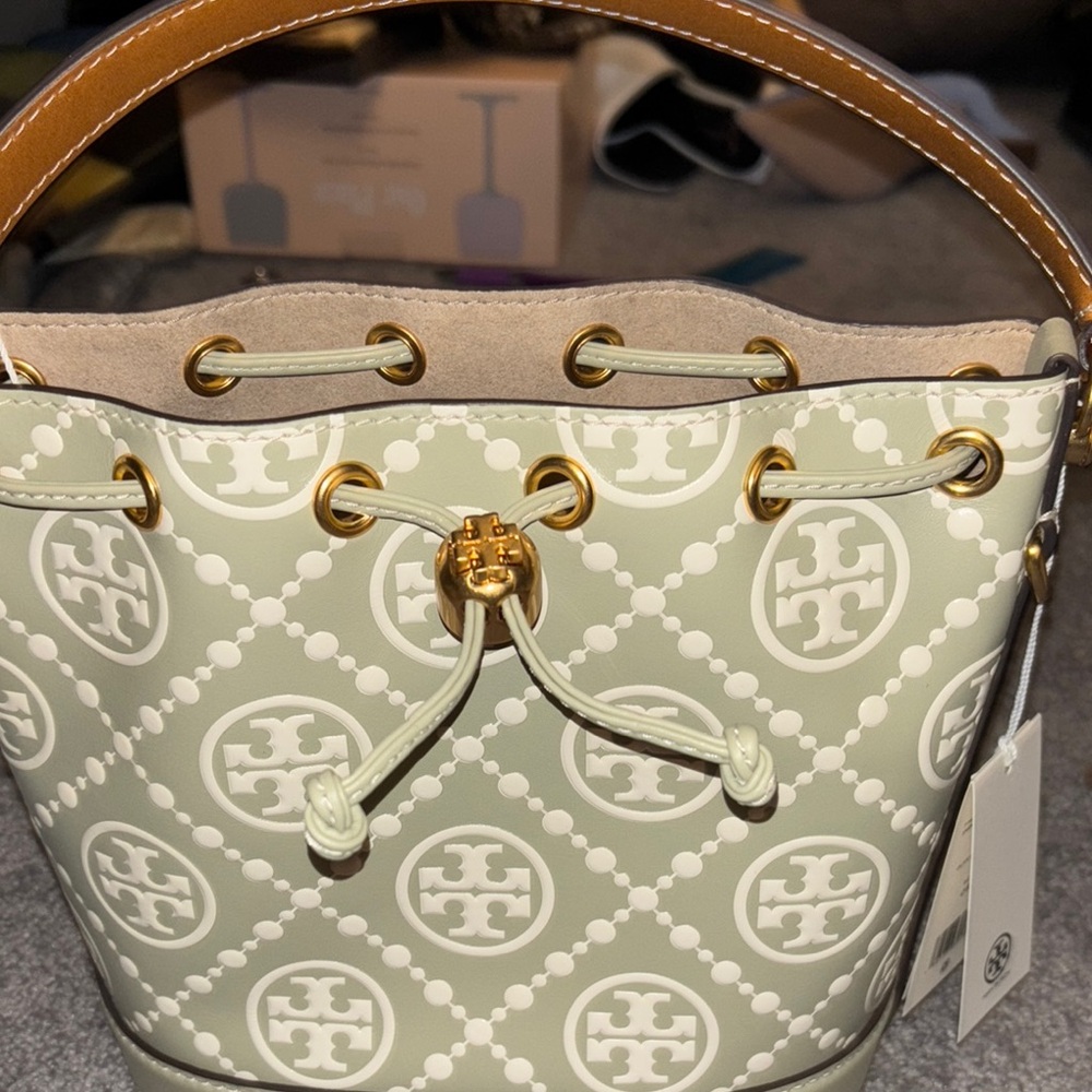 Tory Burch Green and Brown Shoulder Bag with Monogram Pattern